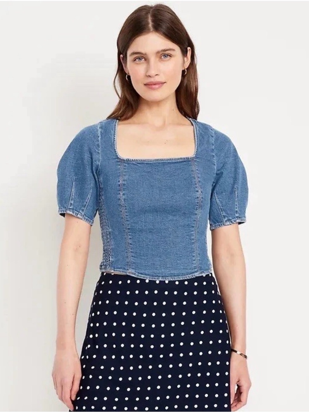 NWT Denim Square-Neck Puff Sleeve Top - Blue